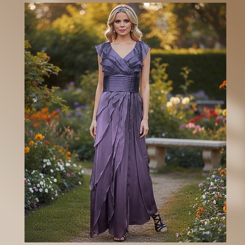 Adrianna Papell Fancy Ruffle Purple Formal Gown Sz 8 Formal Prom Wedding